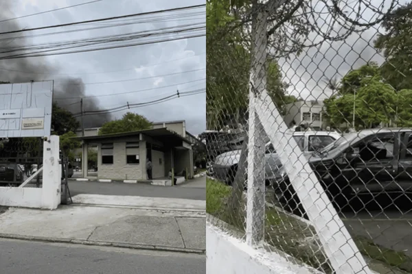 Colagem colorida do incêndio que atinge uma fábrica de tintas em SBC - Metrópoles