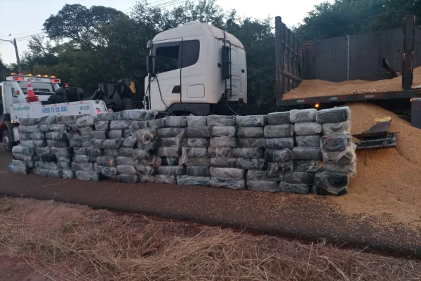 Imagem colorida mostra caminhão apreendido pela Polícia com quase 3 toneladas de maconha no meio de um carga de soja - Metrópoles