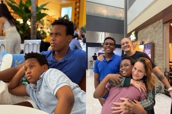 montagem colorida de fotos de irmãos que se reencontraram depois de 4 anos separados