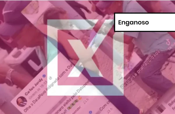 Imagem colorida de post enganoso sobre pesquisa eleitoral
