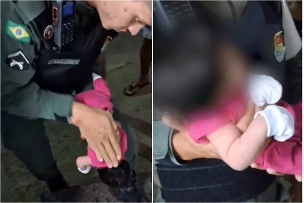 Foto colorida do momento em que um policial militar salva uma bebê recém-nascida que engasgou no Ceará - Metrópoles