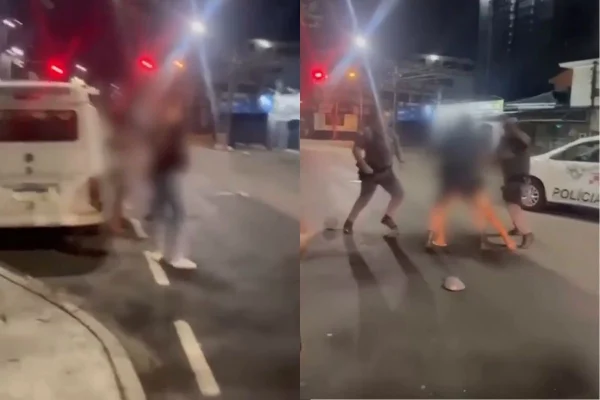 Imagem colorida de homem sendo agredido por PMs em Santos