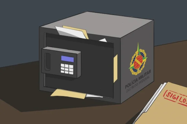 cofre com logo da PMDF na lateral lotado de papéis dentro