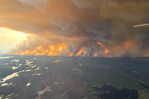 Foto colorida de fogo e fumaça devastando floresta no Canadá - Metrópoles