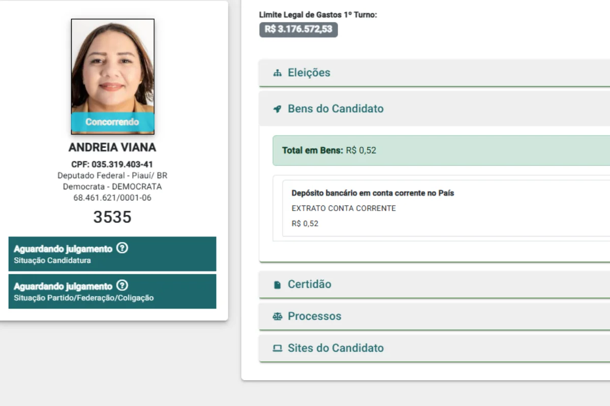Andreia Andrade Viana (Democrata-PI), candidata à Câmara dos Deputados pelo Piauí, declarou patrimônio de R$ 0,52. Andreia Andrade Viana (Democrata-PI), candidata à Câmara dos Deputados pelo Piauí, declarou patrimônio de R$ 0,52.