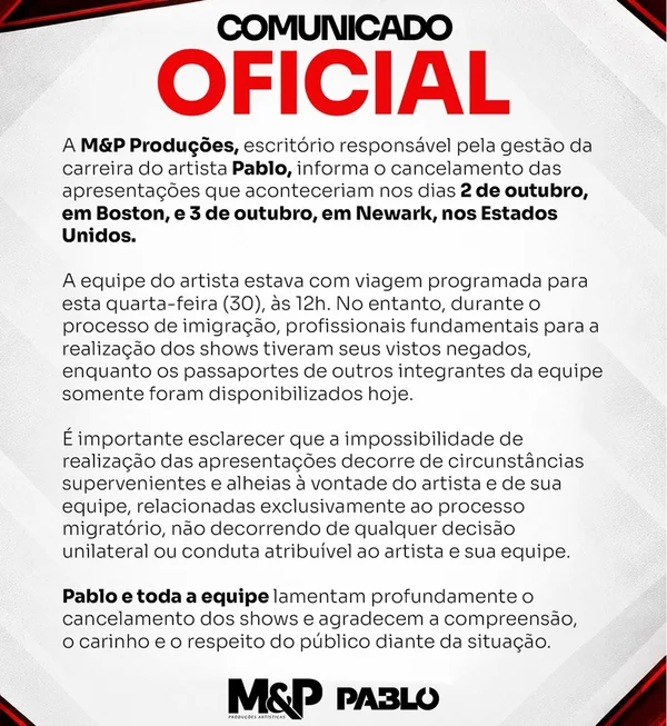 Após cancelar show nos EUA e ser acusado de calote, Pablo se explica - destaque galeria Após cancelar show nos EUA e ser acusado de calote, Pablo se explica - destaque galeria