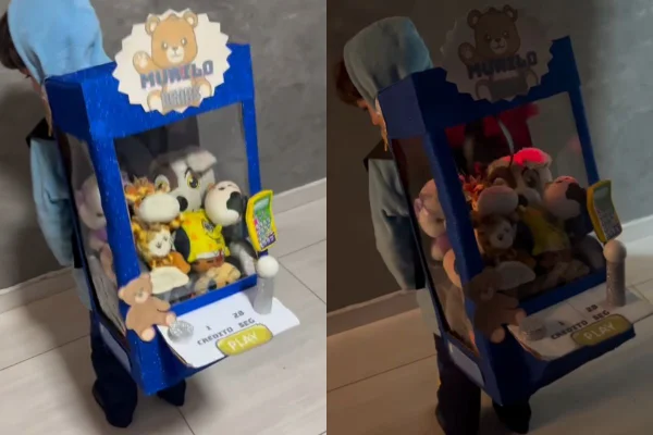 Foto colorida de um menino com uma mochila diferente nas costas - Metrópoles