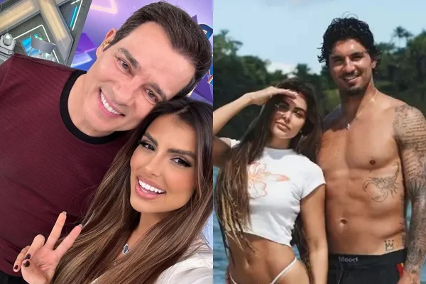 Montagem: Celso Portiolli e Isabella Arantes nos estúdios do Domingo Legal; Isabella Arantes e Gabriel Medina
