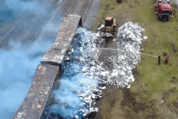Imagem colorida de vagões de trem incendiados por um ato de vandalismo - Metrópoles