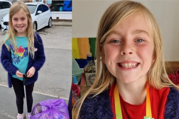 Montagem mostra a Matilda Pritchard, uma menina branca e loira de 11 anos, em dois momentos: em um, ela está de pé, e no outro, só aparece seu rosto sorrindo para a câmera - Metrópoles