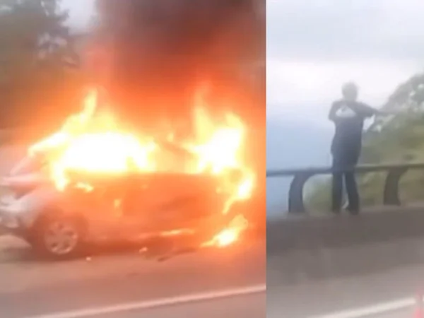 Arte com duas fotos: à esquerda, um carro em chamas; à direita, um homem no parapeito de uma rodovia - Metrópoles