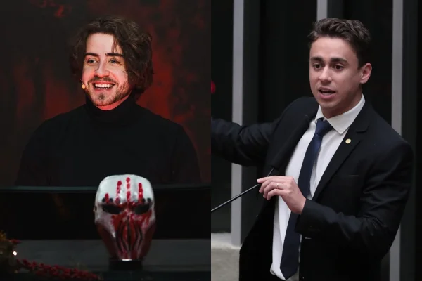 Montagem de imagens mostra o criador de conteúdo Cellbit (à esquerda) e o deputado Nikolas Ferreira (à direita) - Metrópoles