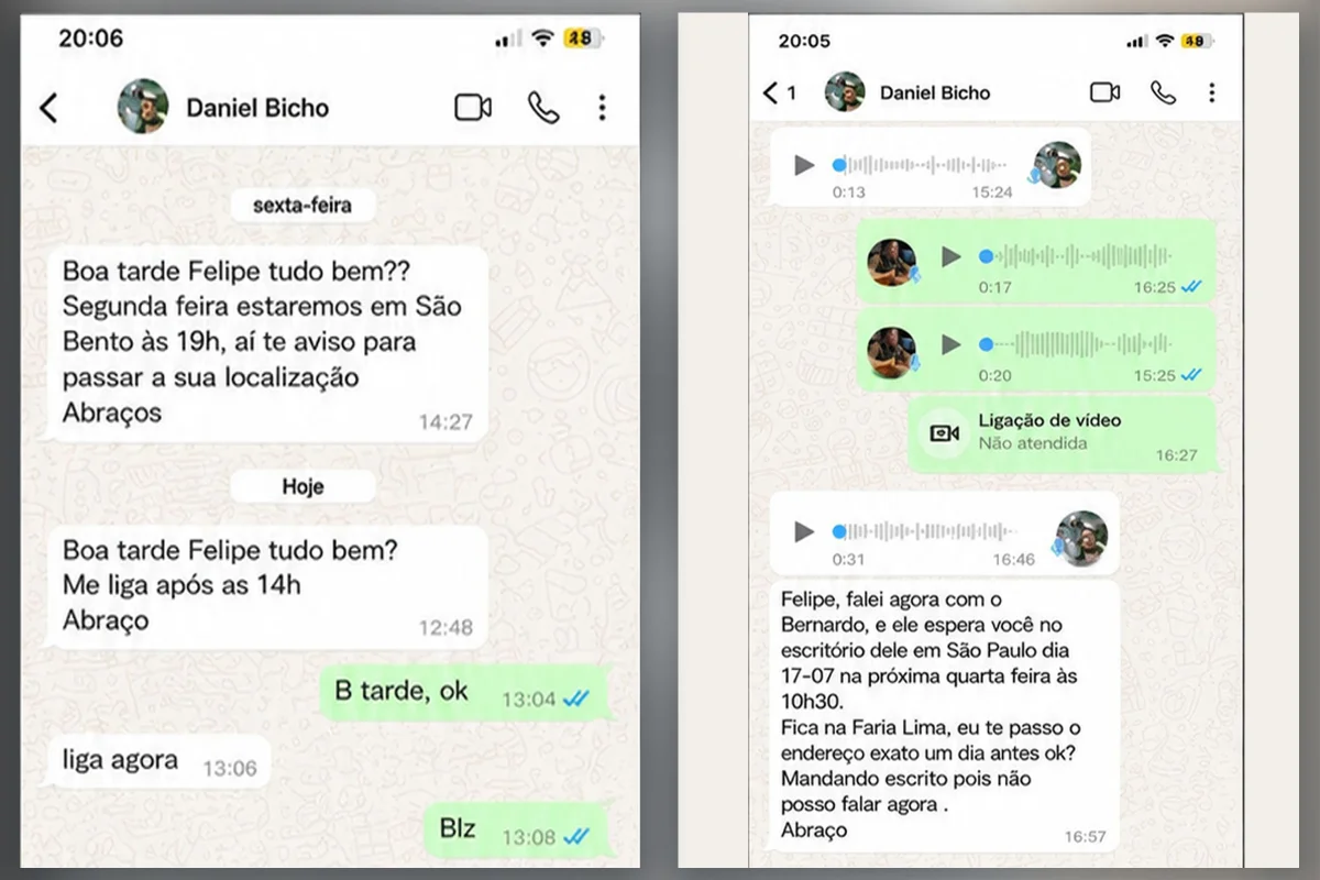 Mensagens trocadas entre o operador de Bernardo Bello e um dos empresários. O operador utilizava dois aparelhos celulares Mensagens trocadas entre o operador de Bernardo Bello e um dos empresários. O operador utilizava dois aparelhos celulares