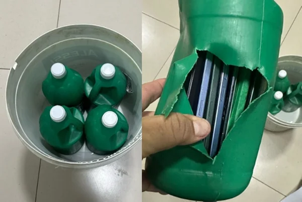 imagem colorida de celulares dentro de garrafas de água sanitária
