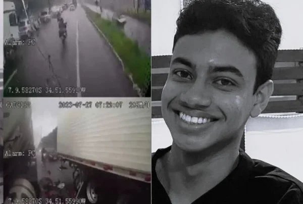 Imagem dos registros feitos pela câmera do caminhão que atingiu o estudante - Metrópoles