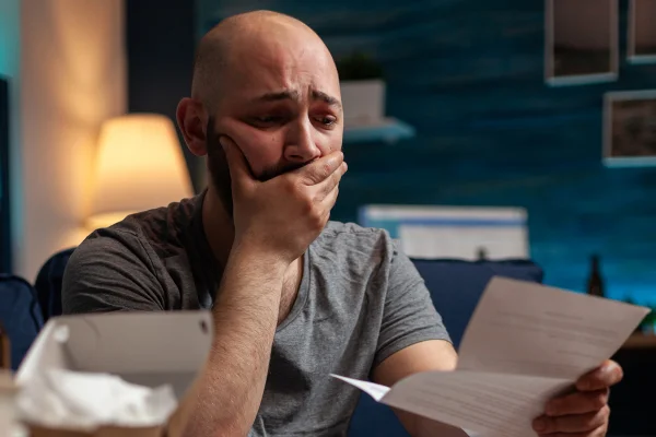Foto colorida de homem careca, com a mão na boca, segurando um boleto e com expressão facial indicando preocupação - Metrópoles.
