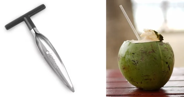 Imagem colorida de furador de coco e coco verde com canudo - Metrópoles