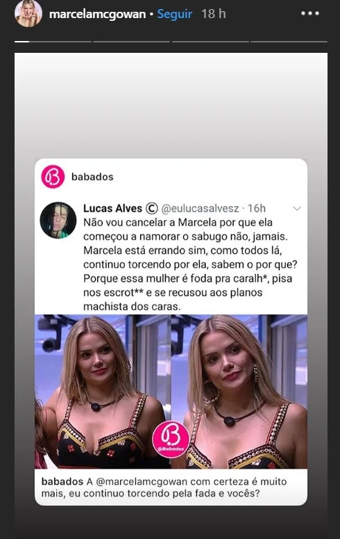 Nos stories, a equipe de Marcela republicou um post defendendo a loira Nos stories, a equipe de Marcela republicou um post defendendo a loira