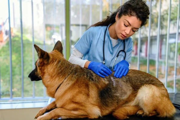 foto colorida veterinária vendo dermatite em cachorro
