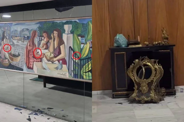 montagem com foto do quadro as mulatas rasgado e relógio quebrado - metrópoles
