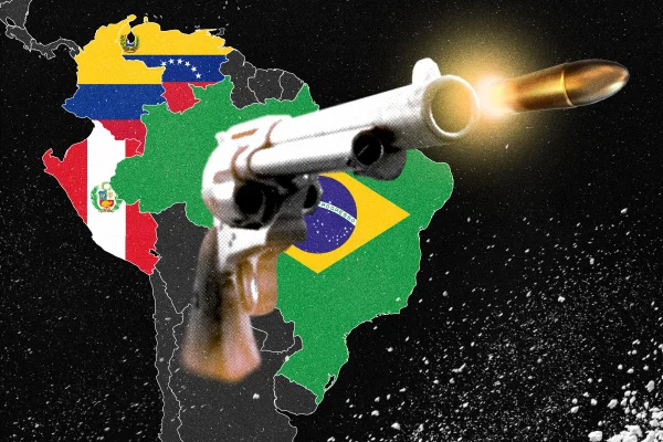 Arte sobre narcoterrorismo mostrando uma pistola, o Brasil a Venezuela a Colombia e o Peru no mapa