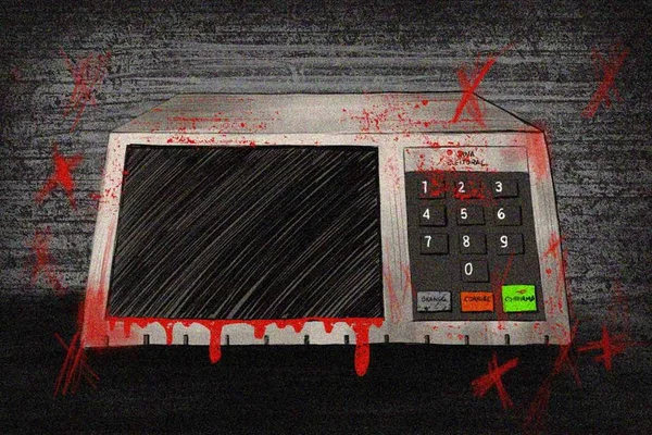 Ilustração de urna eletrônica coberta com marcas de sangue