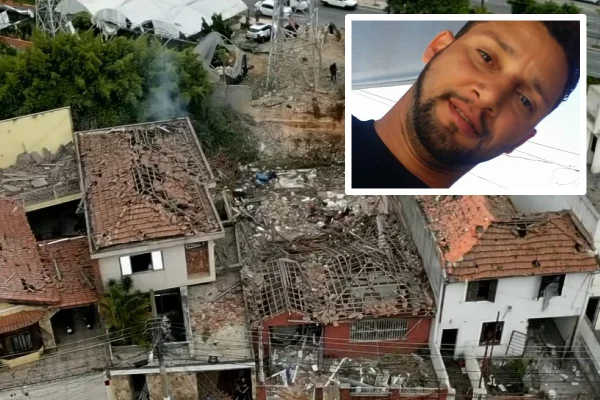 Montagem com área destruída após explosão no Tatuapé e, no destaque, Adir Mariano, que estava no local - Metrópoles