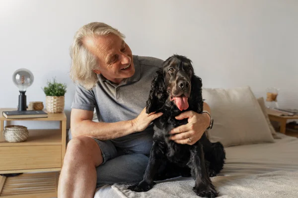 homem idoso sorridente sentado na cama . ele acaricia um cachorro grande preto. Idosos com pets. Metrópoles