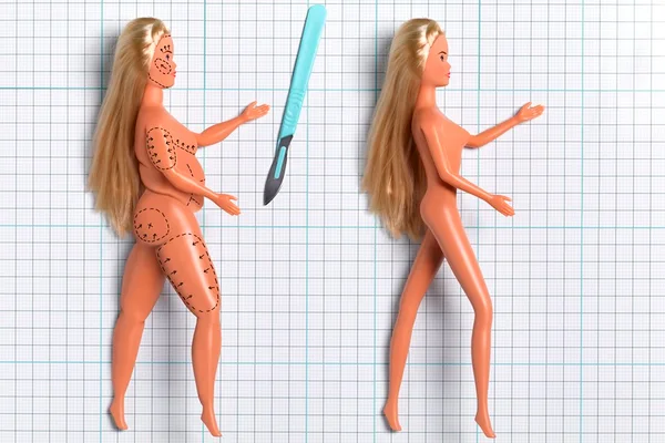 Duas bonecas Barbie e bisturi
