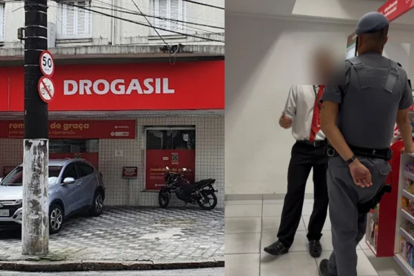 Unidade em que jornalista foi acusada de racismo em Santos, litoral de SP, e funcionário que fez a acusação. - Metrópoles