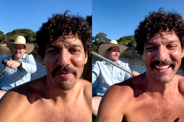 Guito e Murilo Benício navegam em rio do Pantanal