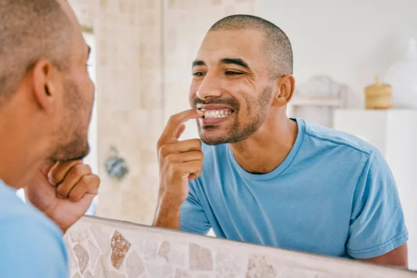Imagem colorida de homem tocando nos dentes olhando para o espelho