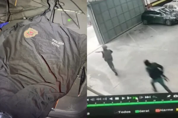 Imagem colorida de montagem de uniforme da polícia civil do lado esquerdo e assaltantes do lado direito. Metrópoles