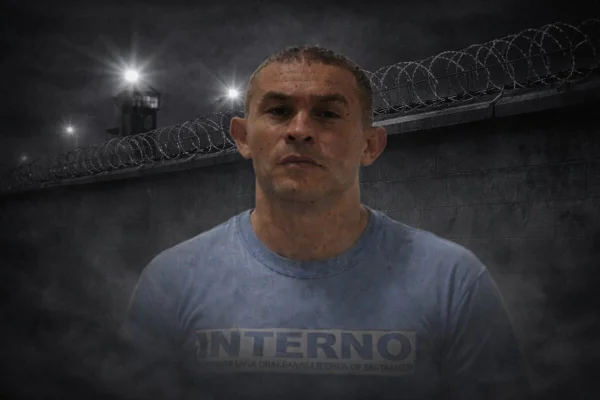 Homem com roupa de presidiário com fundo obscuro de muralha de penitenciária - Metrópoles