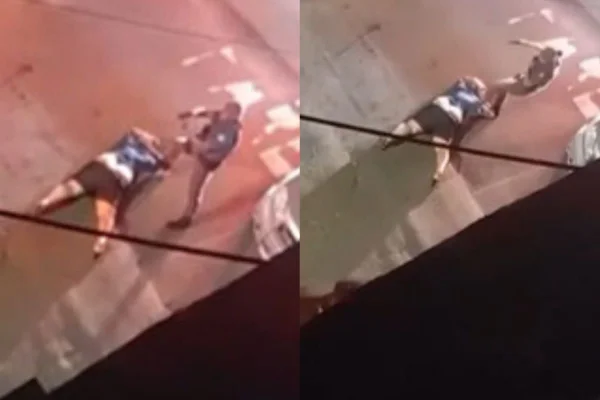 Duas imagens de PMs, com uniforme cinza, pisando e chutando homem que está deitado na rua - Metrópoles