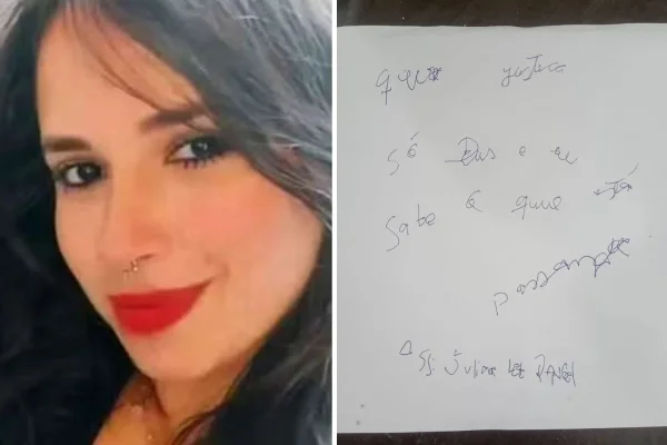 Montagem com fotos coloridas de Juliana Leite Rangel, de 26 anos, e carta escrita pela jovem - Metrópoles