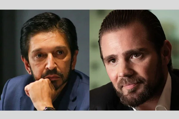 Imagens coloridas mostram, lado a lado, o prefeito de São Paulo, Ricardo Nunes, e o ex-banqueiro Daniel Vorcaro