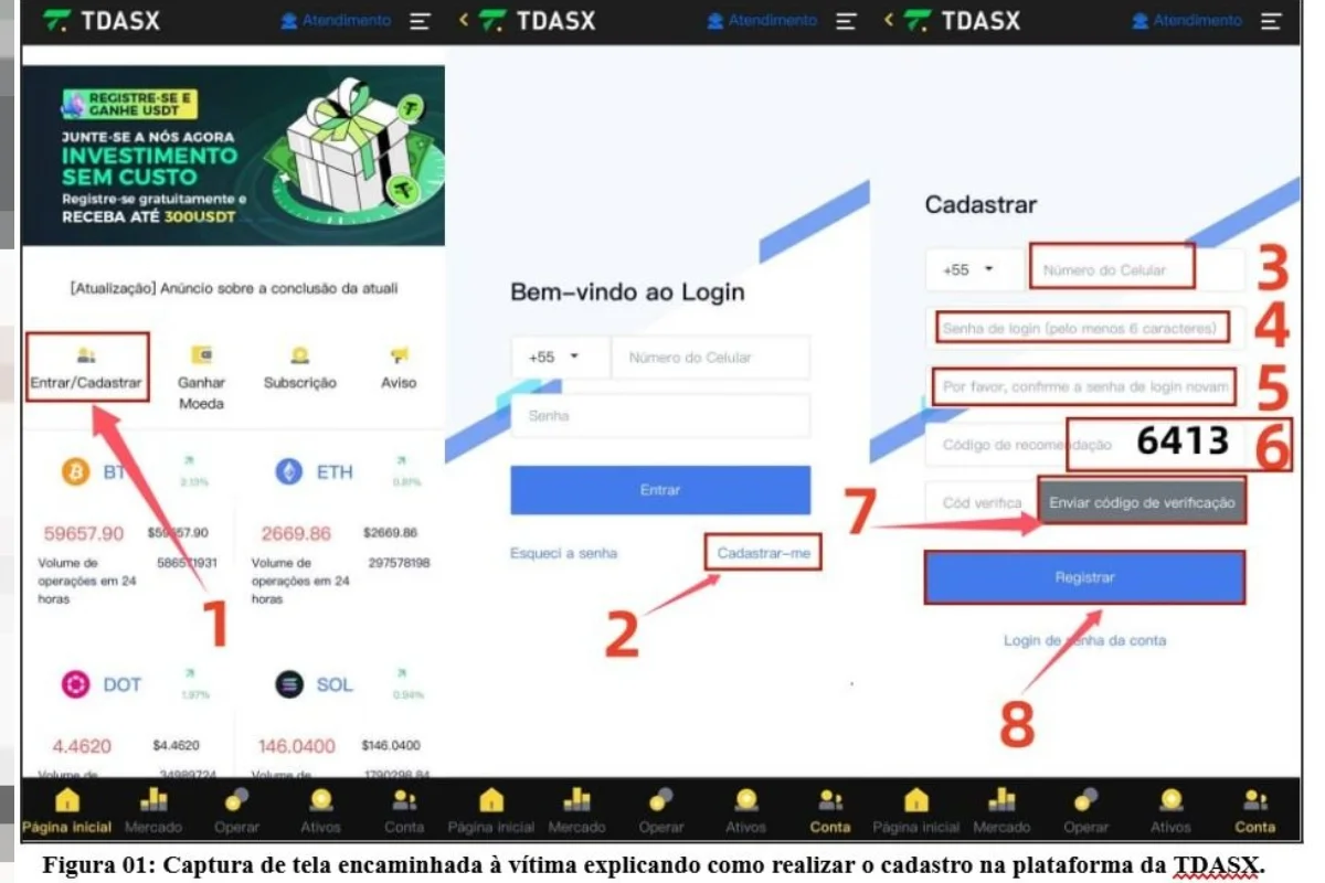 Captura de tela encaminhada à vítima explicando como realizar o cadastro na plataforma falsa de investimentos TDASX Captura de tela encaminhada à vítima explicando como realizar o cadastro na plataforma falsa de investimentos TDASX