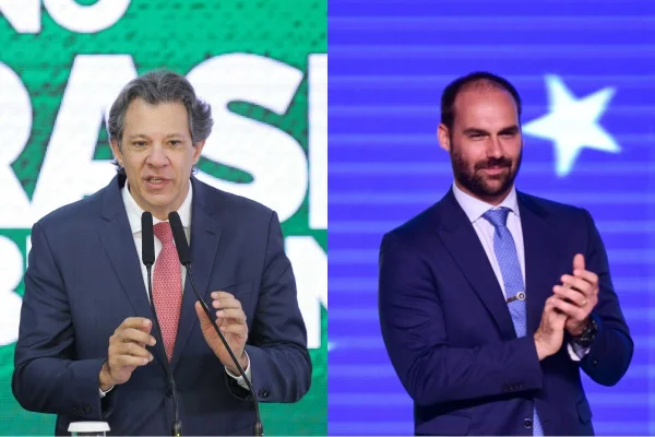 Imagem colorida mostra Fernando Haddad (esquerda) e Eduardo Bolsonaro (direita), favoritos ao Senado. Metrópoles