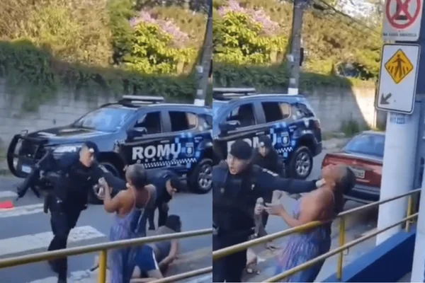 Colagem colorida de agente da GCM segurando mulher negra pelo pescoço contra corrimão - Metrópoles