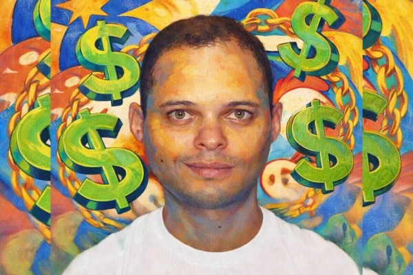arte grafica de homem sorrino discretamento. Ele é branco, com camiseta branca, e ao fundo há cifrões verdes e um fundo colirido - Metrópoles