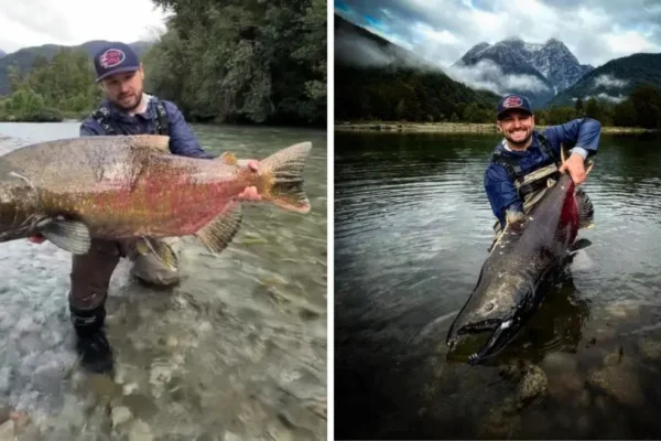 Imagem colorida, pescador de SC realiza sonho e fisga maior salmão do mundo- Metrópoles