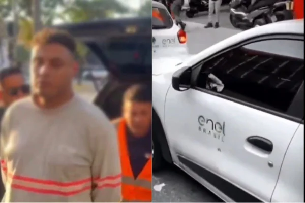 Montagem colorida mostra homens presos (à esquerda) e carros adesivados (à direita). Grupo se passava por funcionários da Enel, concessionária de energia da capital paulista.