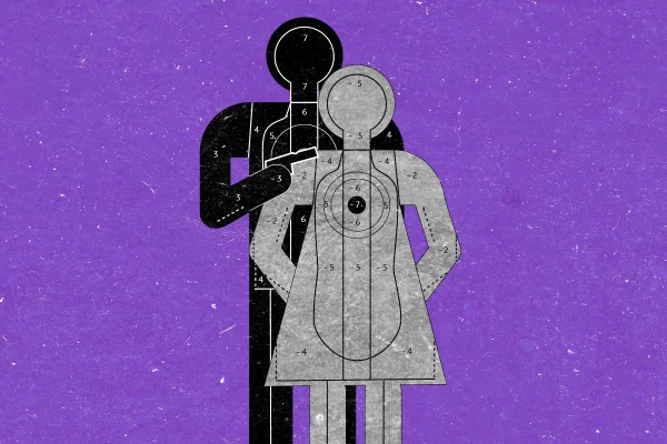 ilustração colorida. Fundo roxo, figura de mulher com a figura de um homem atrás