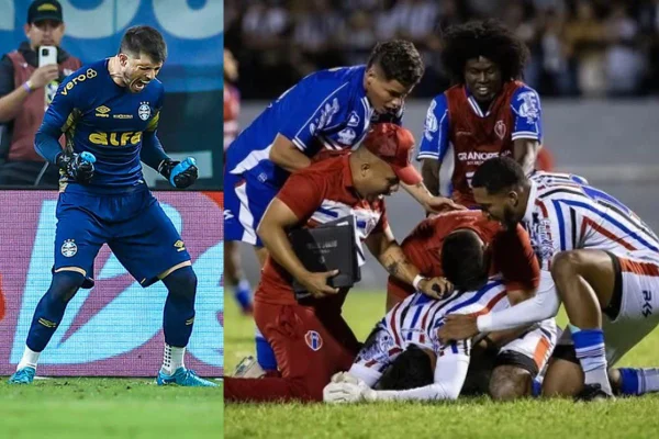 De um lado, Tiago Volpi pelo Grêmio e do outro, Jean do Maranhão após classificar o time na Série D