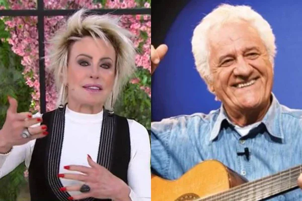 montagem de foto com Ana Maria Braga com blusa branca de mangas longas e colete preto e Rolando Boldrin de camisa azul segurando violão - Metrópoles