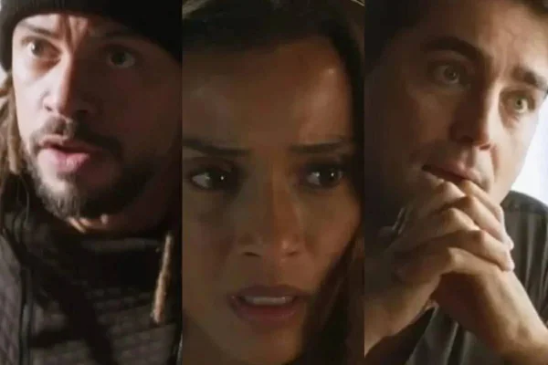 Foto colorida de Ítalo (à esquerda), Clarice (ao centro) e Danilo (à direita), personagens da novela Cara e Coragem - Metrópoles