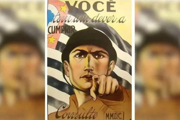 Imagem colorida de cartaz da revolução constitucionalista de 1932. Metrópoles