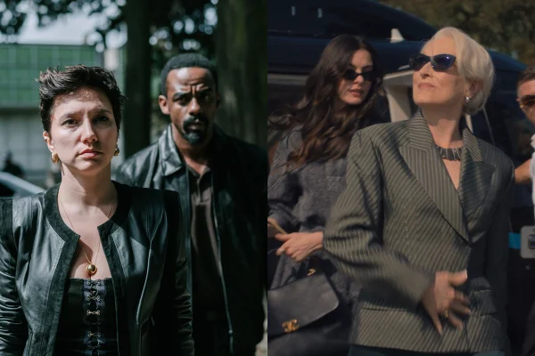 Montagem de imagens mostra cena da série Impuros (à esquerda) e do filme O Diabo Veste Prada 2 (à direita) - Metrópoles