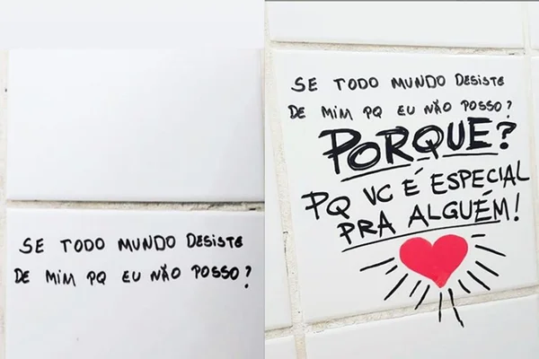 Grafiteiro responde mensagens de suicídio em banheiro de escola
